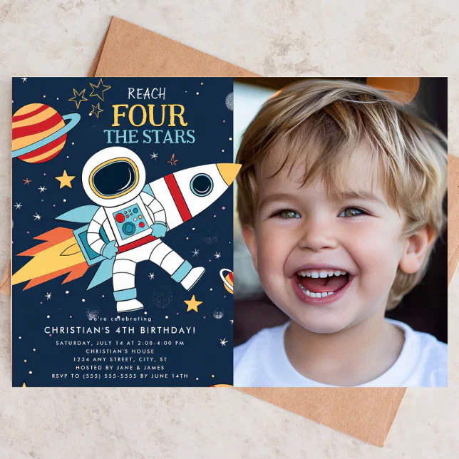 Reach Four The Stars Space 4th Birthday Invitation | Zazzle
