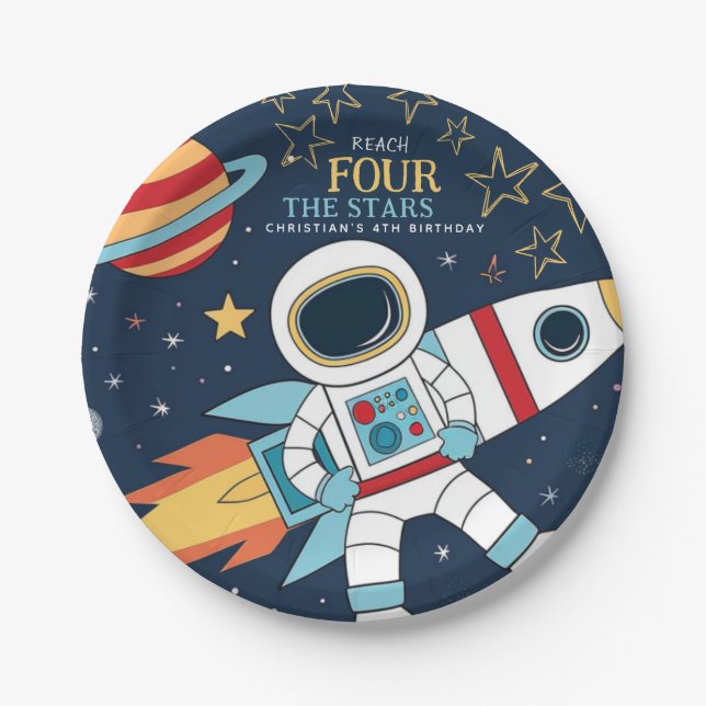 Reach Four The Stars Space 4th Birthday Paper Plates (Front)