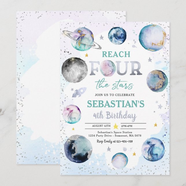 Reach Four The Stars Space 4th Birthday Party Invitation (Front/Back)