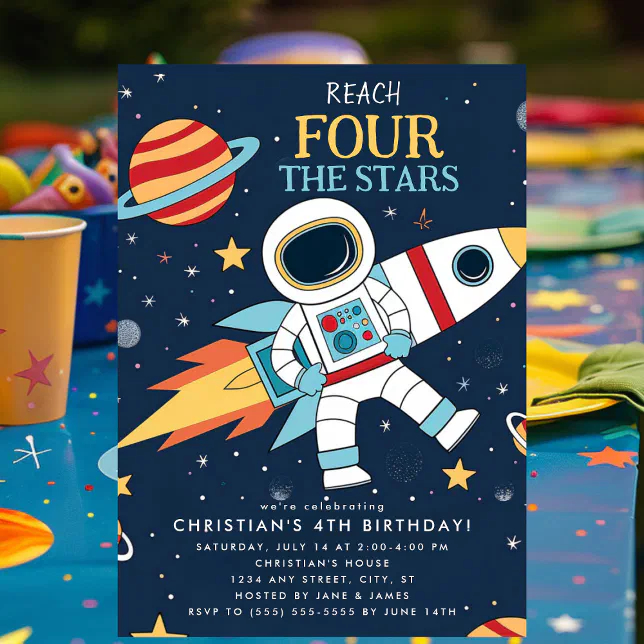 Reach Four The Stars Space Birthday Invitation | Zazzle