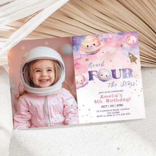 Reach Four the stars Space girl birthday Invitation