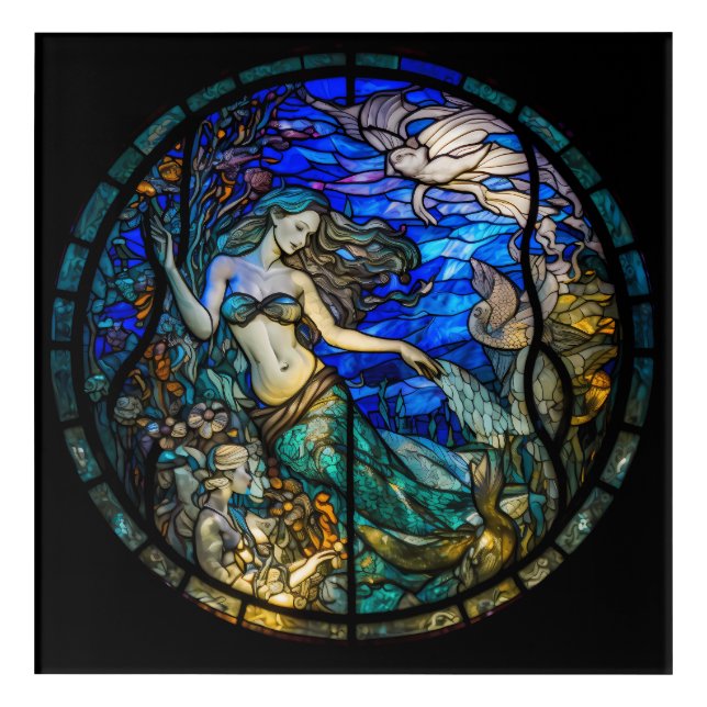 Reaching Mermaid Stained Glass Neon Art (Front)