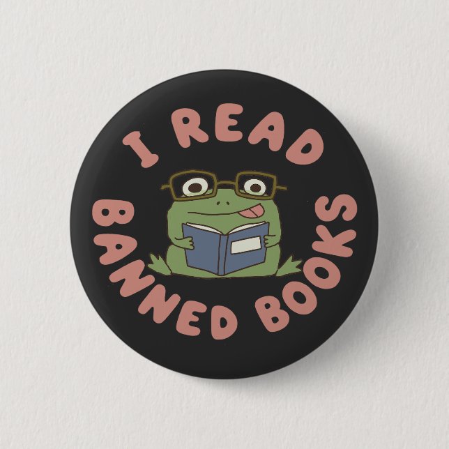 Read Banned Books Funny Frog Reading Button (Front)