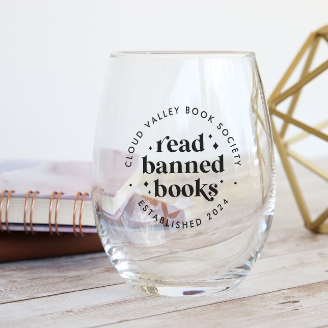 Read Banned Books Retro Lettering Personalized Stemless Wine Glass (Creator Uploaded)