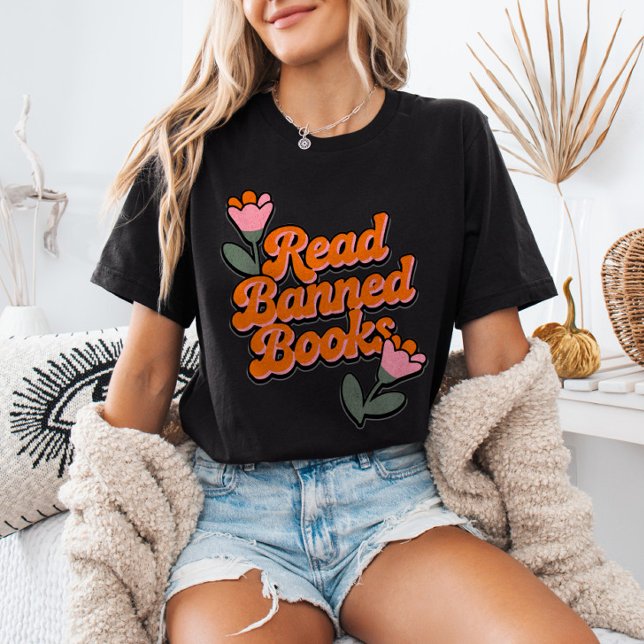 Read Banned Books Retro Minimalist Floral Bookworm T-Shirt (Creator Uploaded)