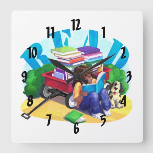 READ Book Wagon Art Square Wall Clock