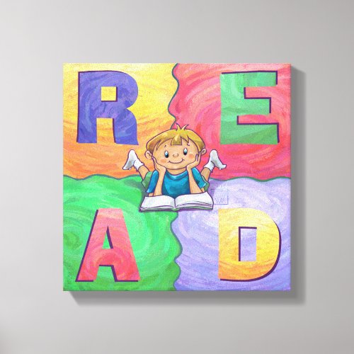 READ Boy Reading Colorful Wrapped Canvas
