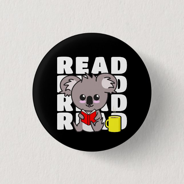 Read: Cute Koala Reading Book & Coffee Mug Button (Front)
