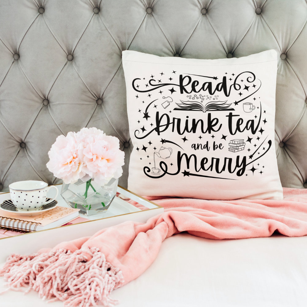 Read, Drink Tea, and be Merry Cotton pillows for book lovers