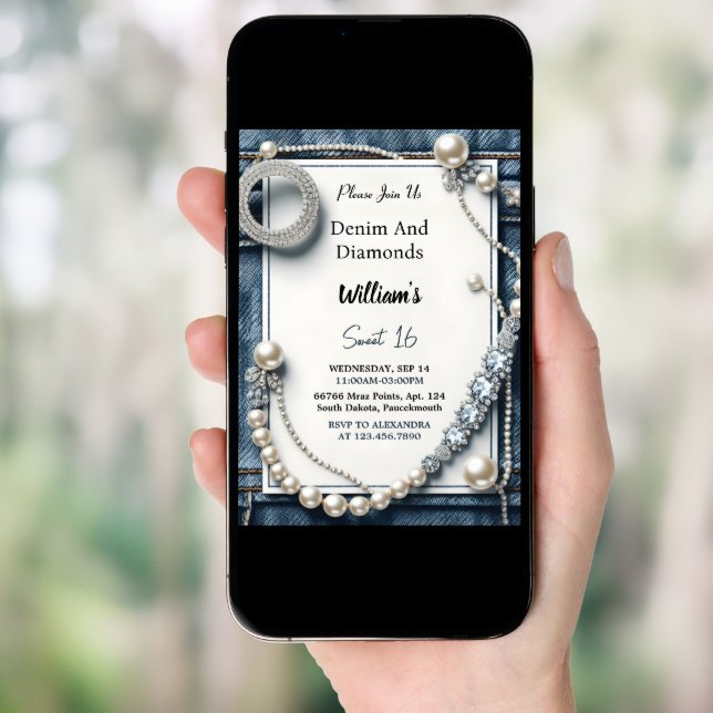 Read Elegant Gem Bling Denim And Diamonds Sweet 16 Invitation (Front Digital)