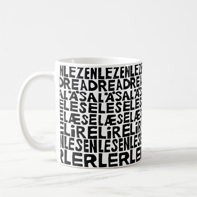 Read in 8 Languages Lino Print Mug (Left)
