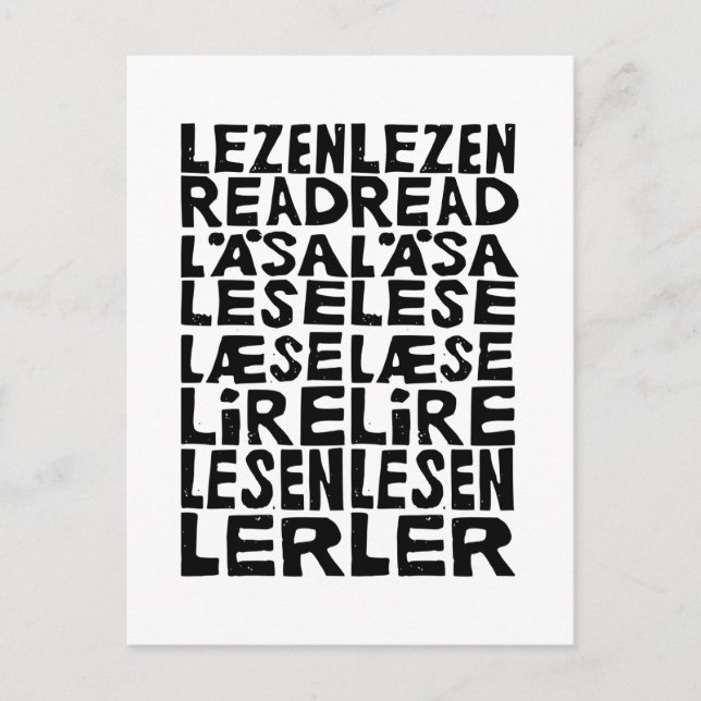 Read in 8 Languages Lino Print Postcard (Front)