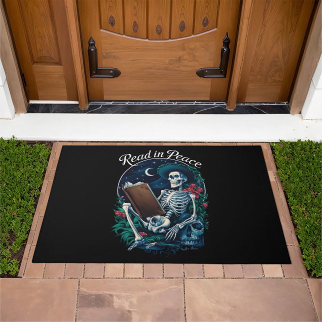 Read in Peace Skeleton Reading Book Lover Bookish  Doormat (Outdoor)