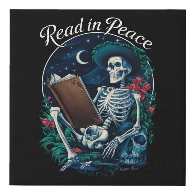 Read in Peace Skeleton Reading Book Lover Bookish  Faux Canvas Print (Front)