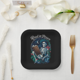 Read in Peace Skeleton Reading Book Lover Bookish Paper Plates