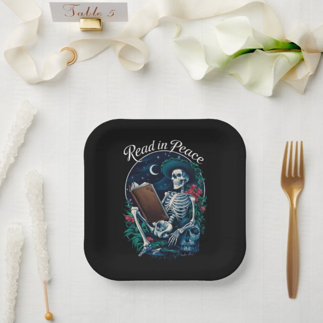 Read in Peace Skeleton Reading Book Lover Bookish  Paper Plates (Wedding)
