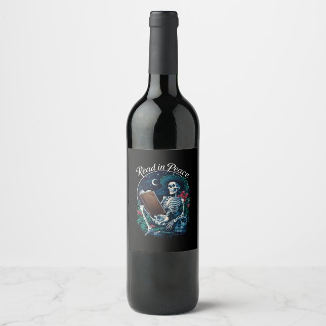 Read in Peace Skeleton Reading Book Lover Bookish  Wine Label (Front)