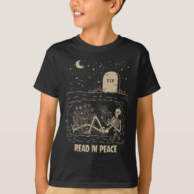 Read In Peace Skeleton Reading Books Funny Hallowe T-Shirt (Front)