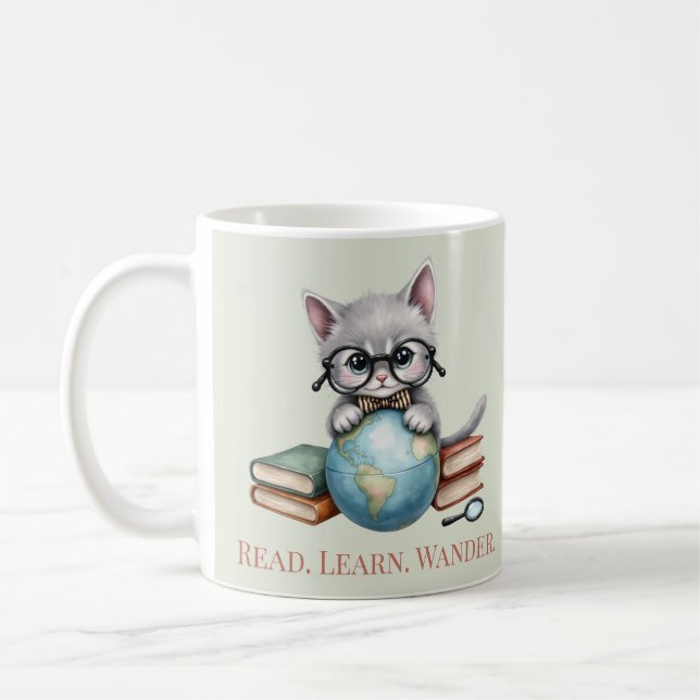“Read. Learn. Wander.” Cute Bookish Cat Coffee Mug (Left)