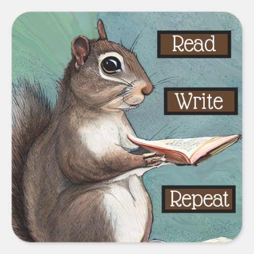 Read, Write, Repeat, Squirrel on Books Square Sticker