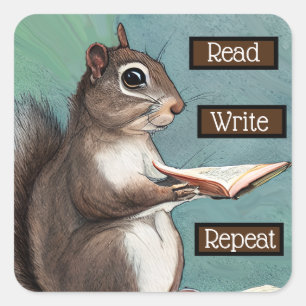Read, Write, Repeat, Squirrel on Books Square Sticker