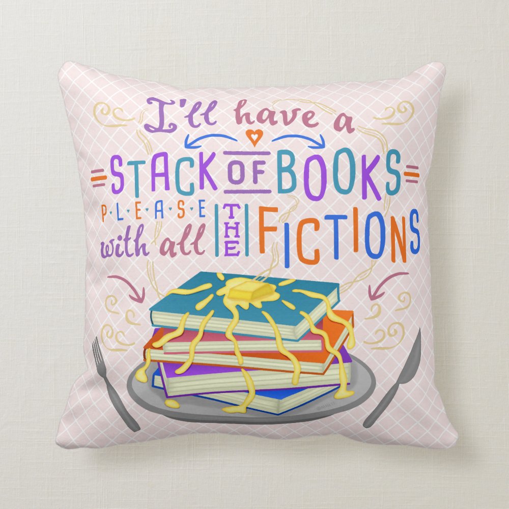 Readers Humor Stack of Books with Fictions Cute Throw Pillow