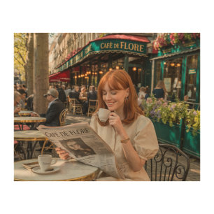 reading a newspaper at an outdoor café in Paris Wood Wall Art