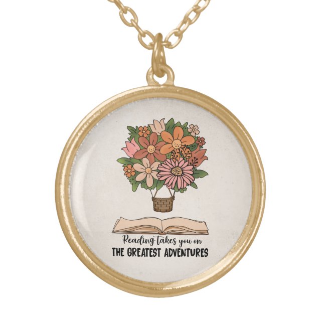 Reading adventures hot air balloon books  gold plated necklace (Front)