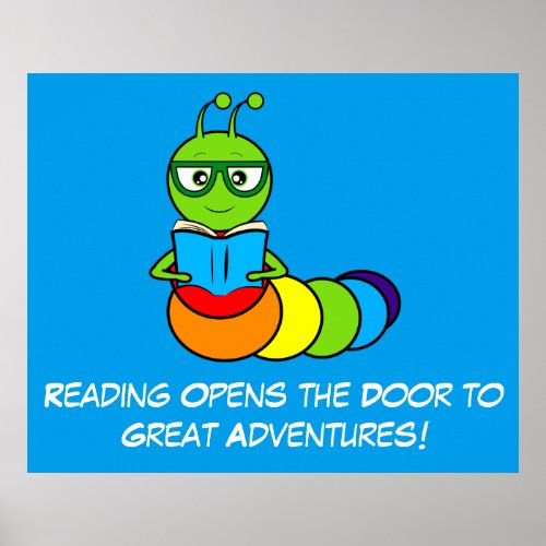 Reading Adventures with Cartoon Bookworm Poster