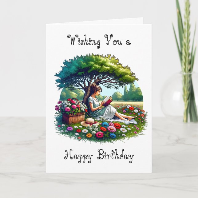 Reading and Nature themed Girl's Birthday Card (Front)