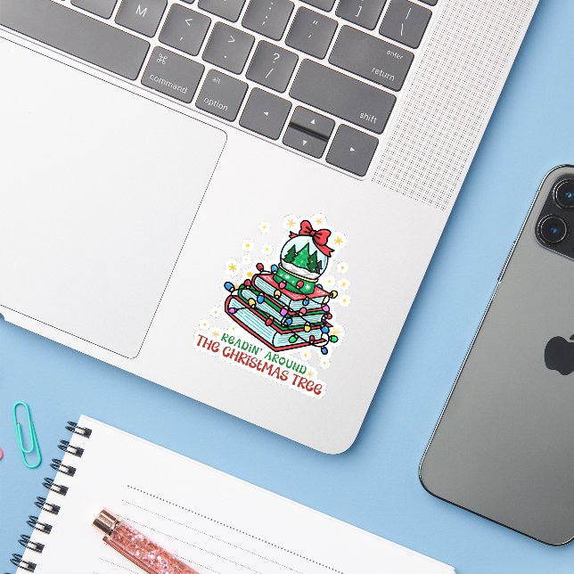 Reading Around the Christmas Tree  Sticker (Laptop w/ iPhone)