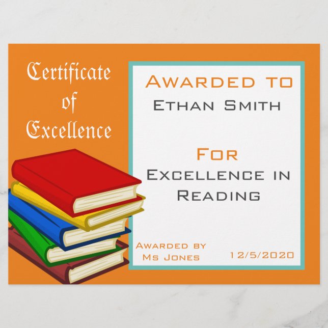 Reading Award certificate Teacher supplies (Front)