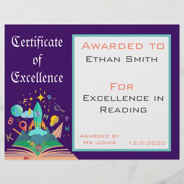 Reading Award certificate Teacher supplies (Front)