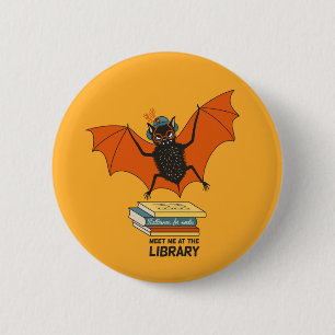 Reading Bat   Whimsical Librarian with Books Button