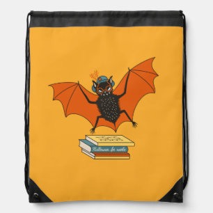Reading Bat   Whimsical Librarian with Books Drawstring Bag