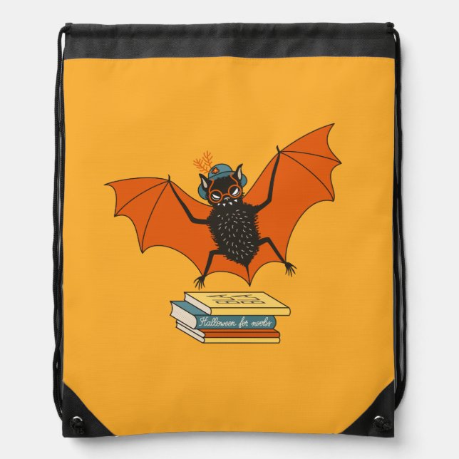 Reading Bat | Whimsical Librarian with Books Drawstring Bag (Front)