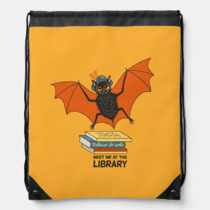 Reading Bat Whimsical Librarian with Books Drawstring Bag