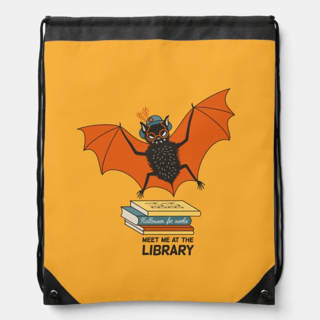 Reading Bat | Whimsical Librarian with Books Drawstring Bag (Front)