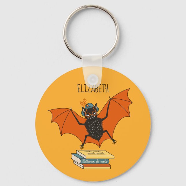 Reading Bat | Whimsical Librarian with Books Keychain (Front)