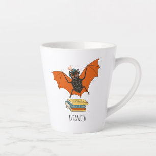 Reading Bat   Whimsical Librarian with Books Latte Mug