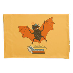 Reading Bat   Whimsical Librarian with Books Pillow Case