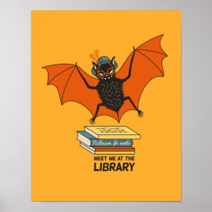 Reading Bat   Whimsical Librarian with Books Poster