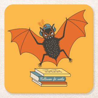 Reading Bat | Whimsical Librarian with Books Square Paper Coaster