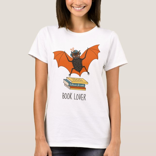 Reading Bat | Whimsical Librarian with Books T-Shirt (Front)