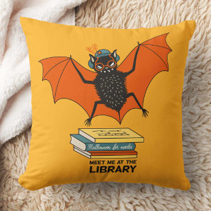 Reading Bat   Whimsical Librarian with Books Throw Pillow