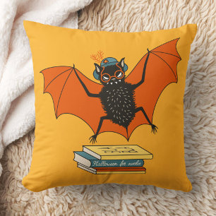 Reading Bat Whimsical Librarian with Books Throw Pillow