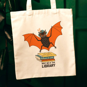 Reading Bat Whimsical Librarian with Books Tote Bag