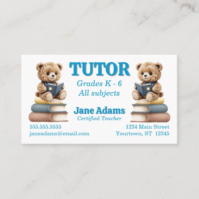 Reading Bears Teacher Tutor School Daycare Business Card (Front)