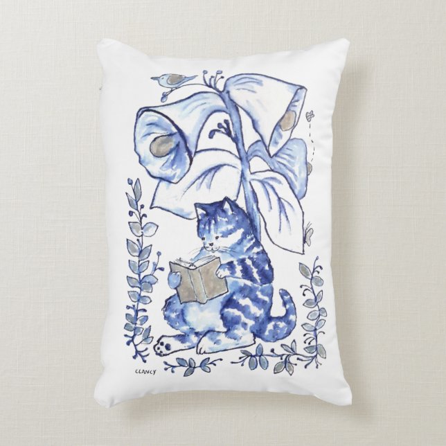 Reading Blue Cat Accent Pillow (Front(Vertical))