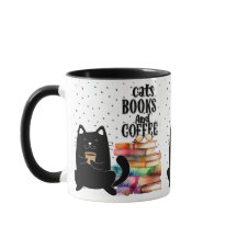 Reading Books Cute Black Cat Coffee